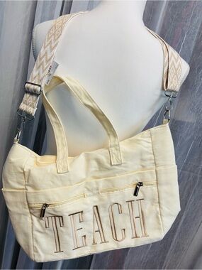 Cream Canvas Tote Bag with 'TEACH' Embroidery and Removable Patterned Strap